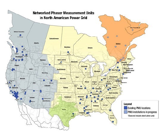  北美电网中已联网的相位测量设备